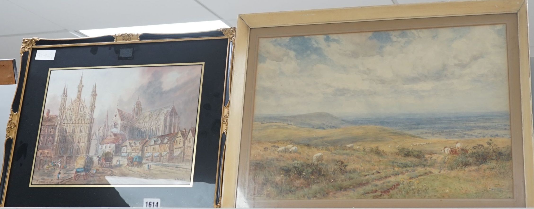 Sir Ernest Waterlow (1850-1919), watercolour, 'On Ditchling Beacon, Sussex', signed, 37 x 53cm and a watercolour of Louvain by E. Nevil, 28 x 38cm